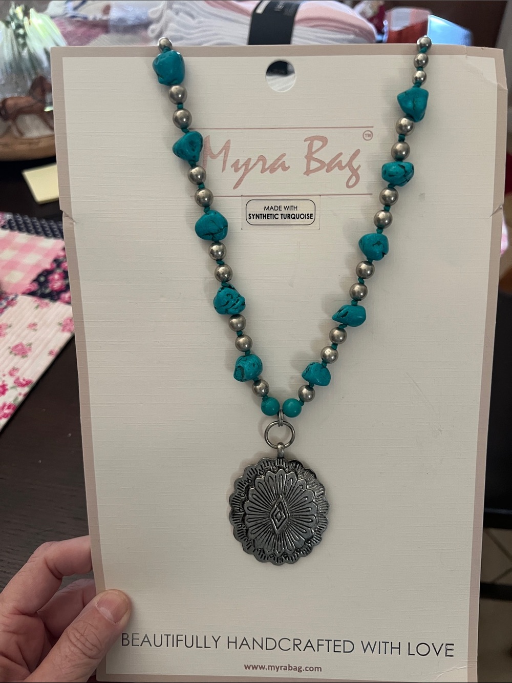 New Myra Bag Turquoise Bead Necklace with Silver Medallion Pendant